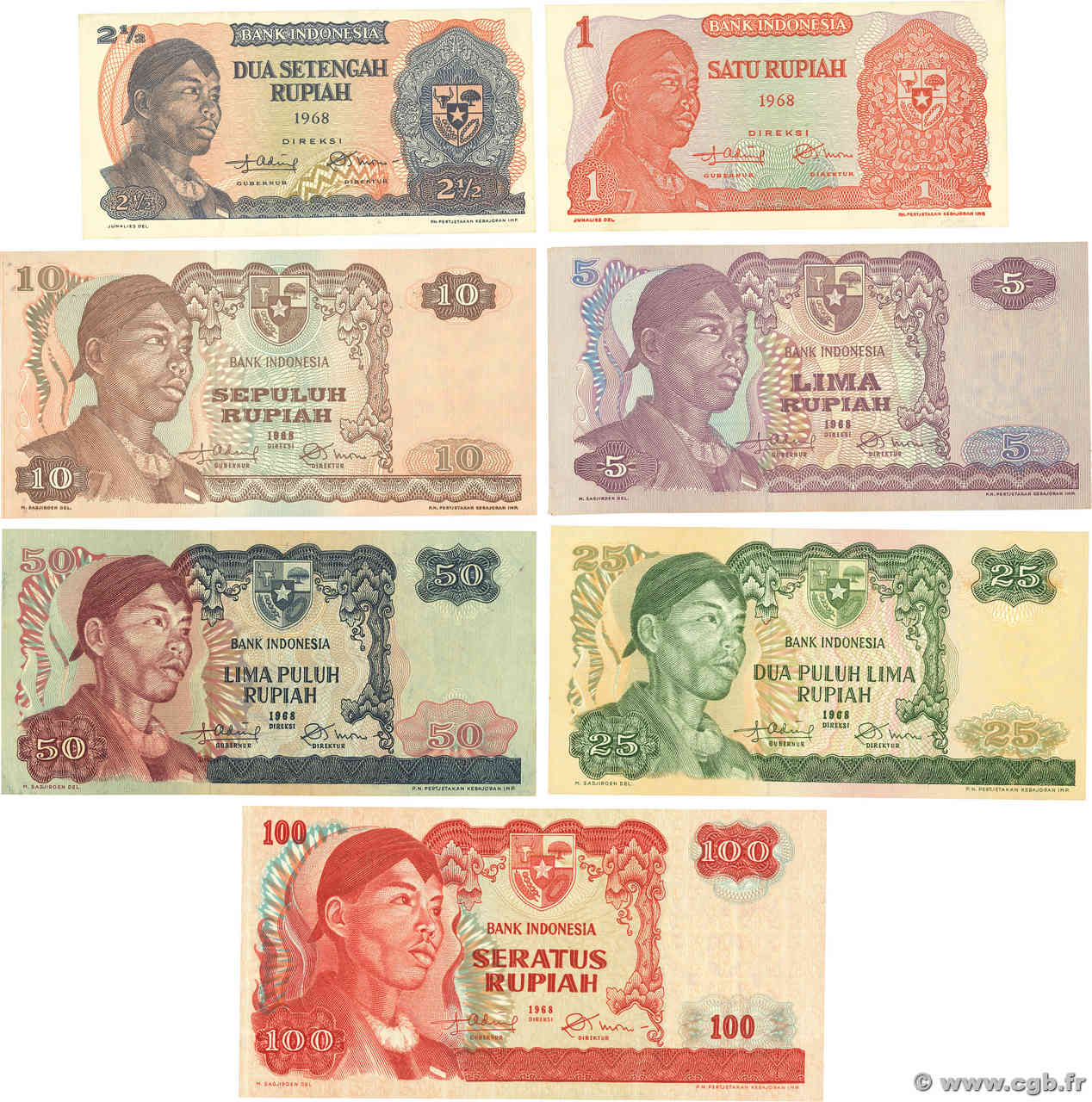 1 au 100 Rupiah Lot INDONESIA  1968 P.102 au P.108a VF