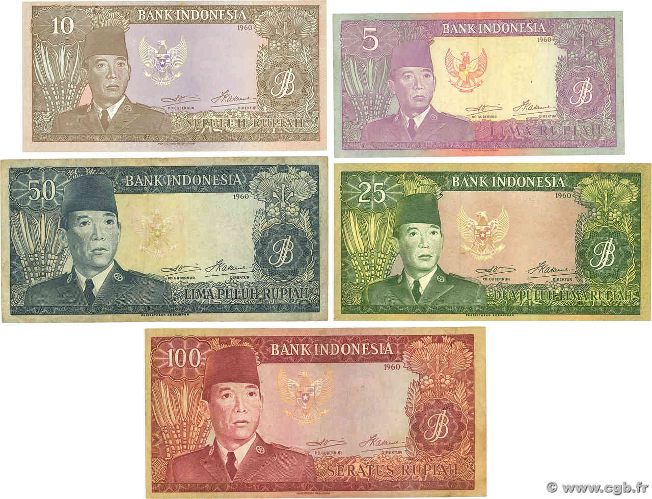 5 au 100 Rupiah Lot INDONESIA  1960 P.082 au P.086 F - VF