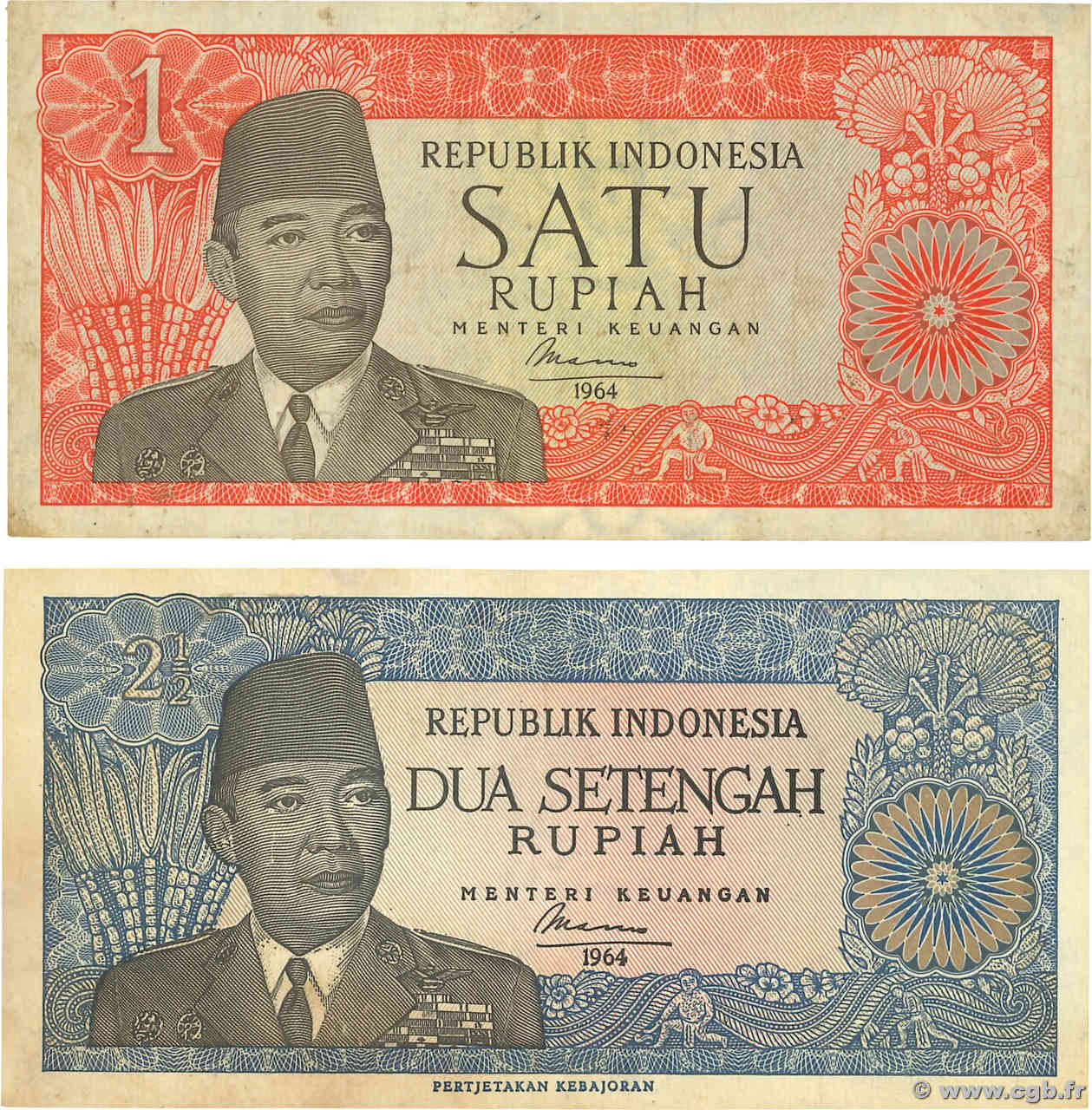 1 et 2,5 Rupiah Lot INDONESIA  1964 P.080b et P.081a F - VF