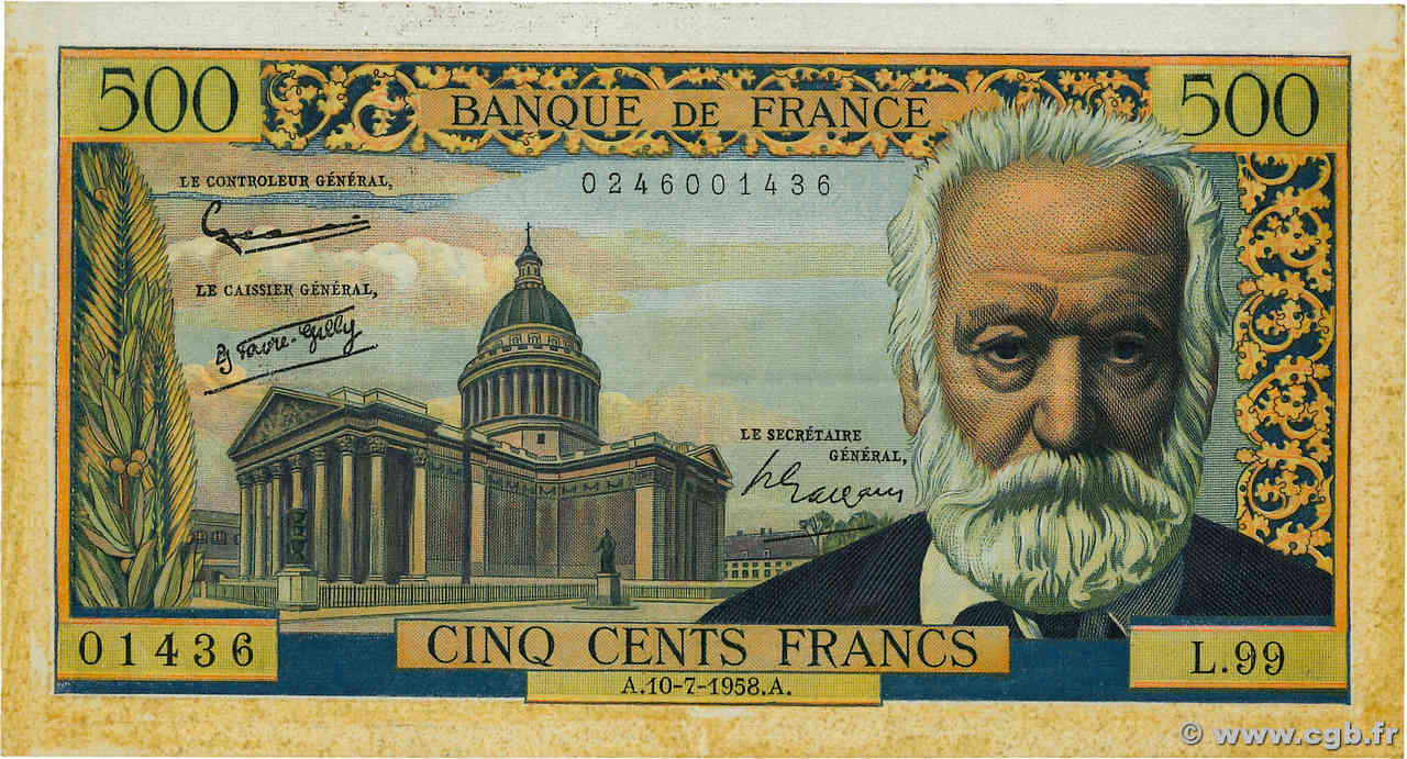 500 Francs VICTOR HUGO FRANCE  1958 F.35.09 VF