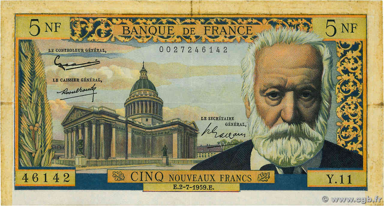 5 Nouveaux Francs VICTOR HUGO FRANCE  1959 F.56.02 TTB