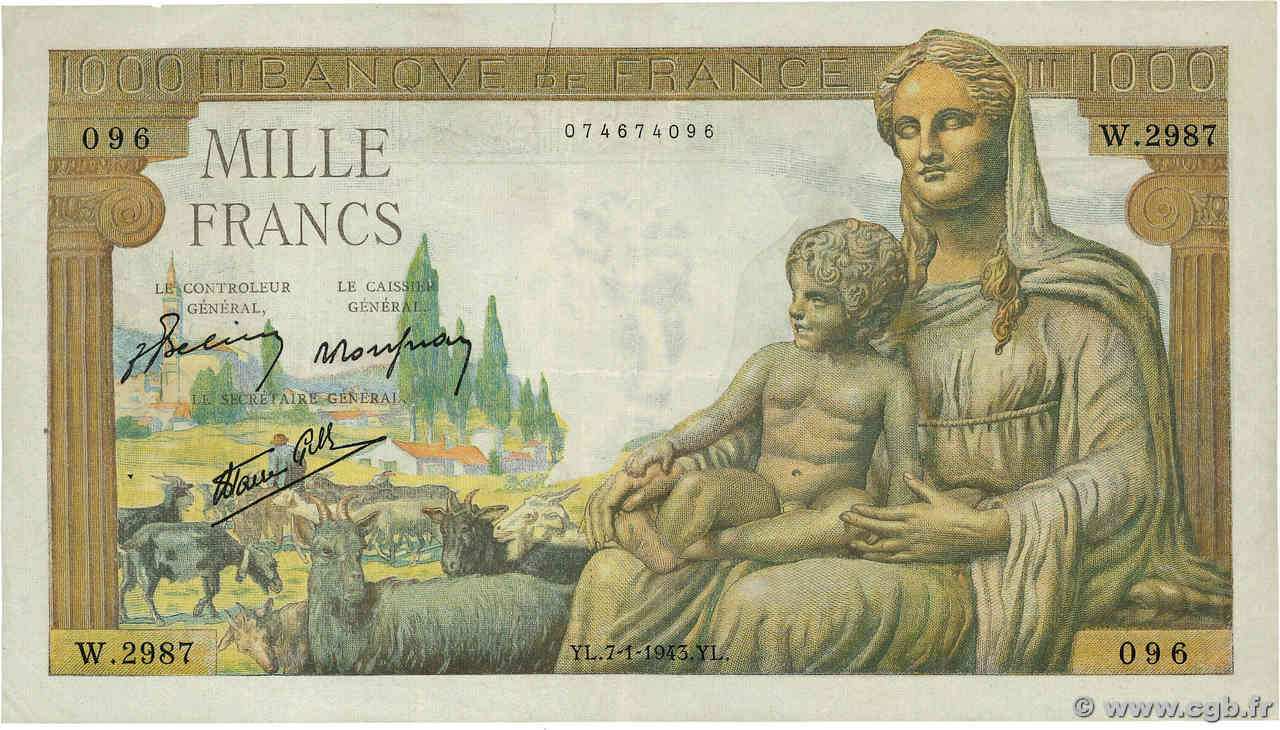 1000 Francs DÉESSE DÉMÉTER FRANCE  1943 F.40.15 VF