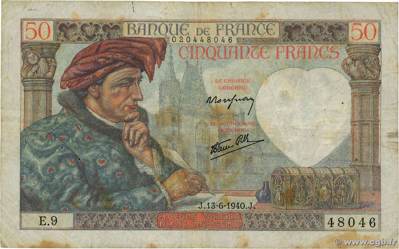 50 Francs JACQUES CŒUR FRANCE  1940 F.19.01 TB