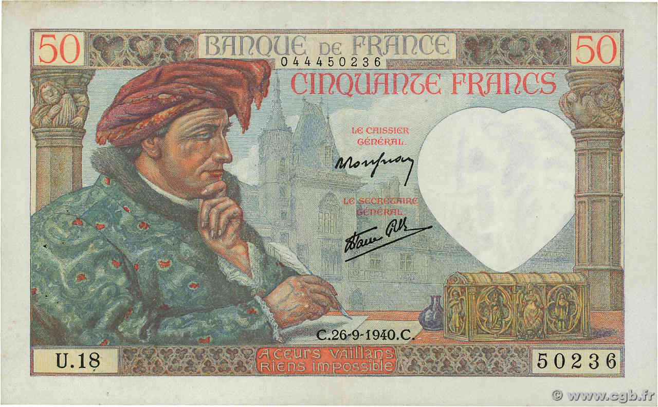 50 Francs JACQUES CŒUR FRANCIA  1940 F.19.03 q.SPL