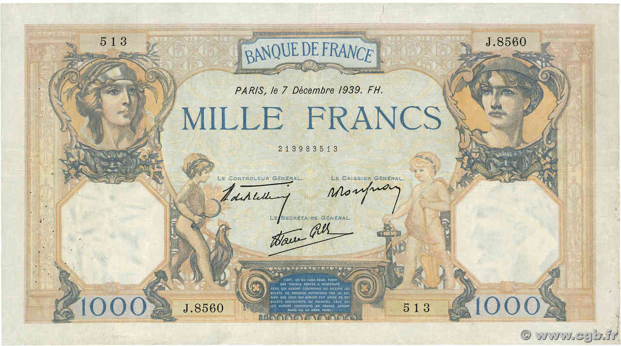 1000 Francs CÉRÈS ET MERCURE type modifié FRANCE  1939 F.38.40 TB+