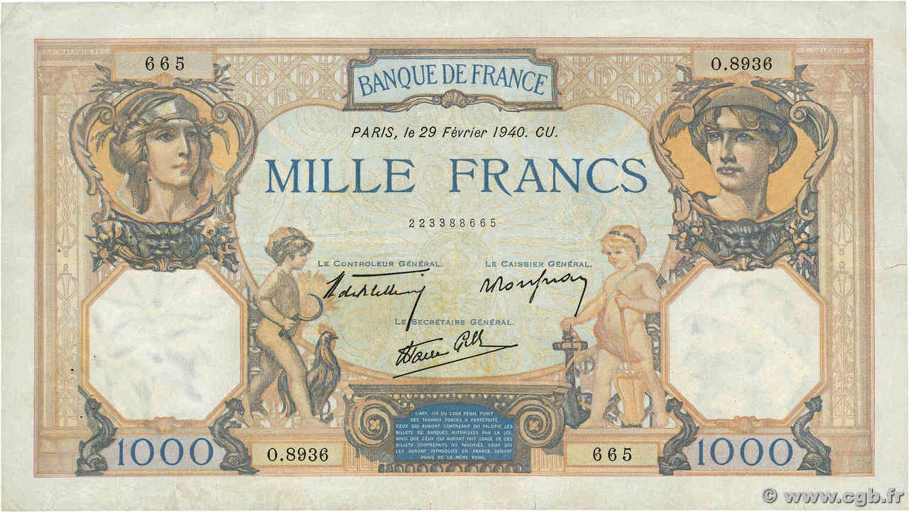 1000 Francs CÉRÈS ET MERCURE type modifié FRANCE 1940 F.38.43 523491 ...