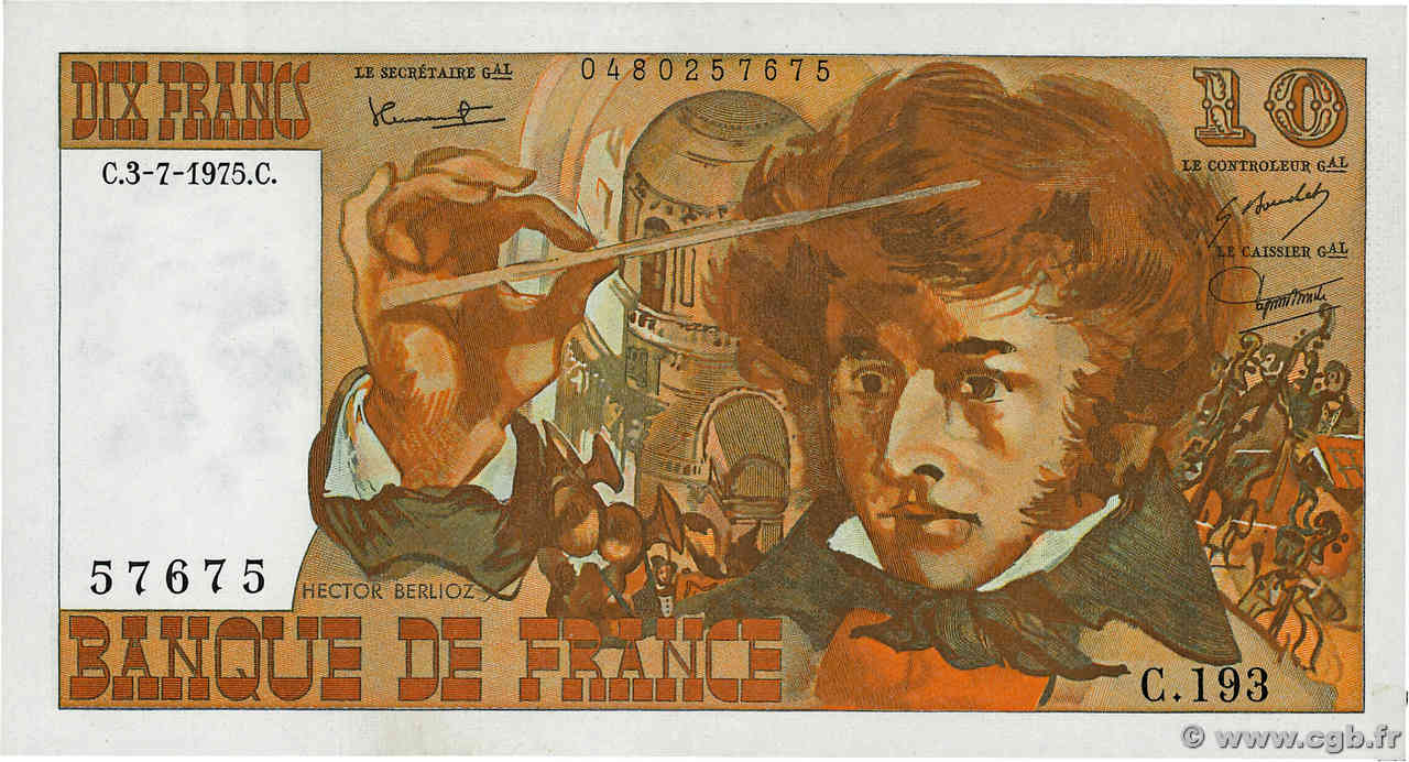 10 Francs BERLIOZ Numéro radar FRANKREICH  1975 F.63.11 VZ