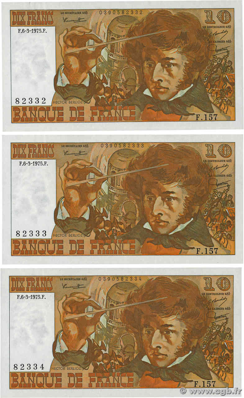 10 Francs BERLIOZ Consécutifs FRANCE  1975 F.63.09 VF+