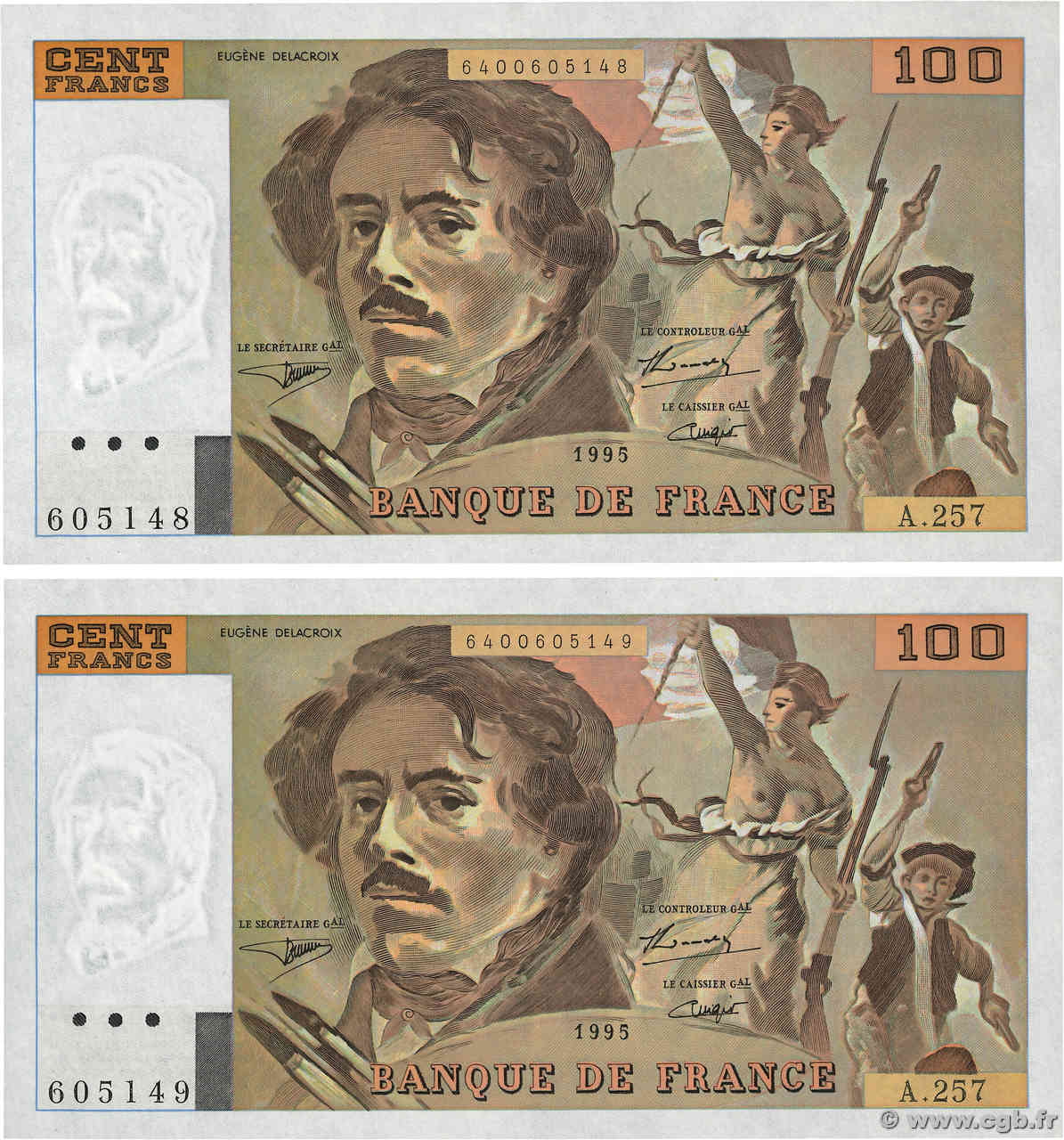 100 Francs DELACROIX 442-1 & 442-2 Consécutifs FRANKREICH  1995 F.69ter.02a VZ+