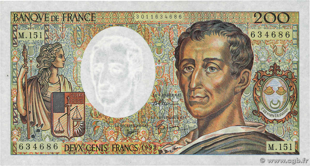 200 Francs MONTESQUIEU FRANCIA  1992 F.70.12c SPL