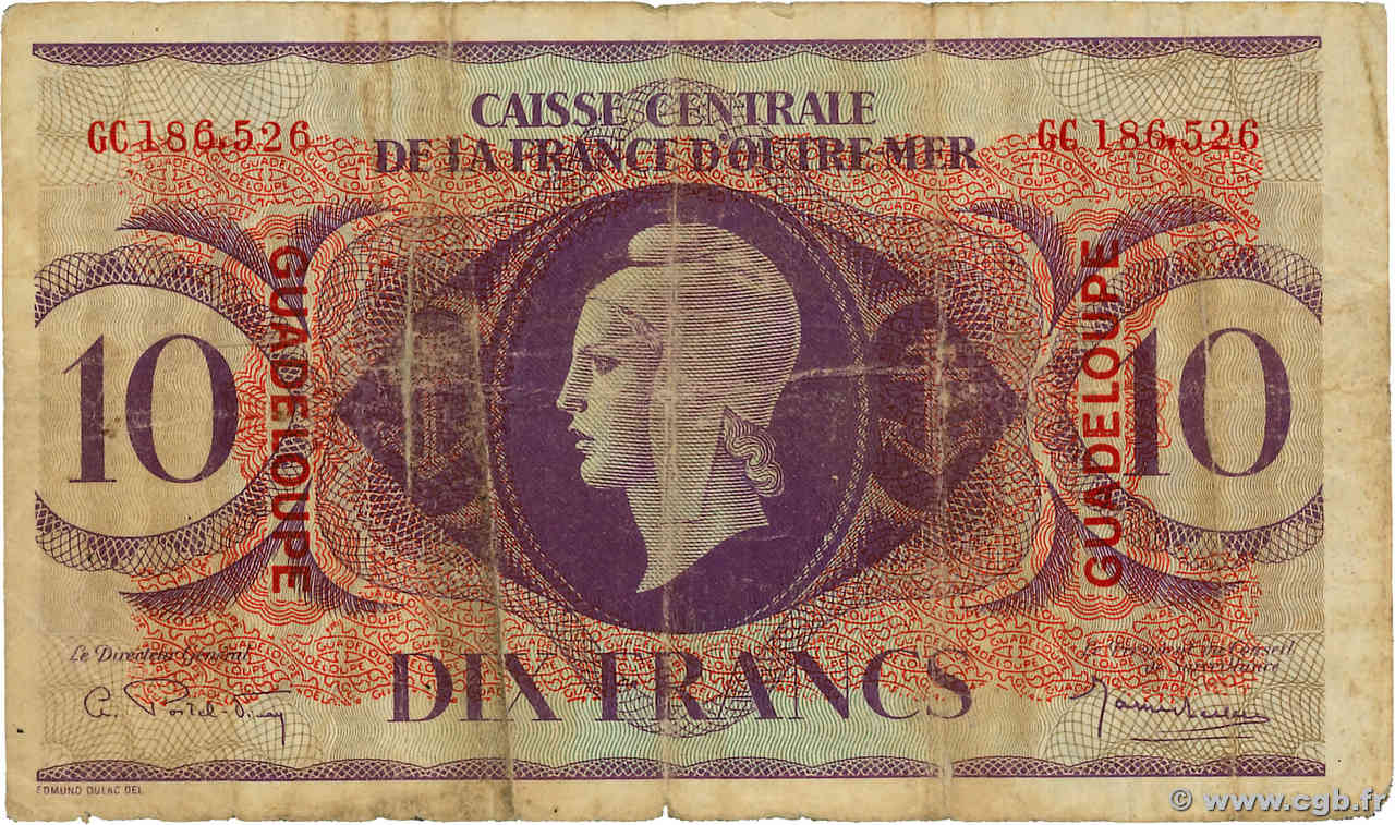 10 Francs GUADELOUPE  1944 P.27a fSGE