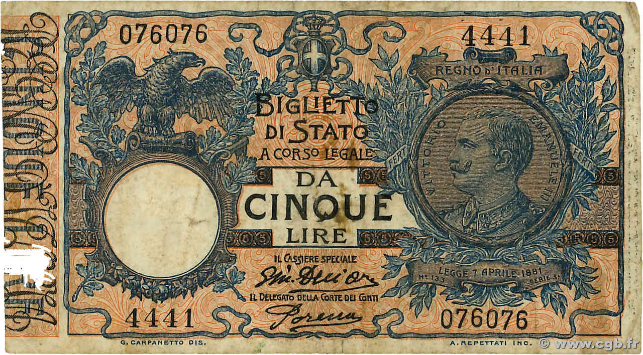 5 Lire Numéro spécial ITALIA  1917 P.023e BC