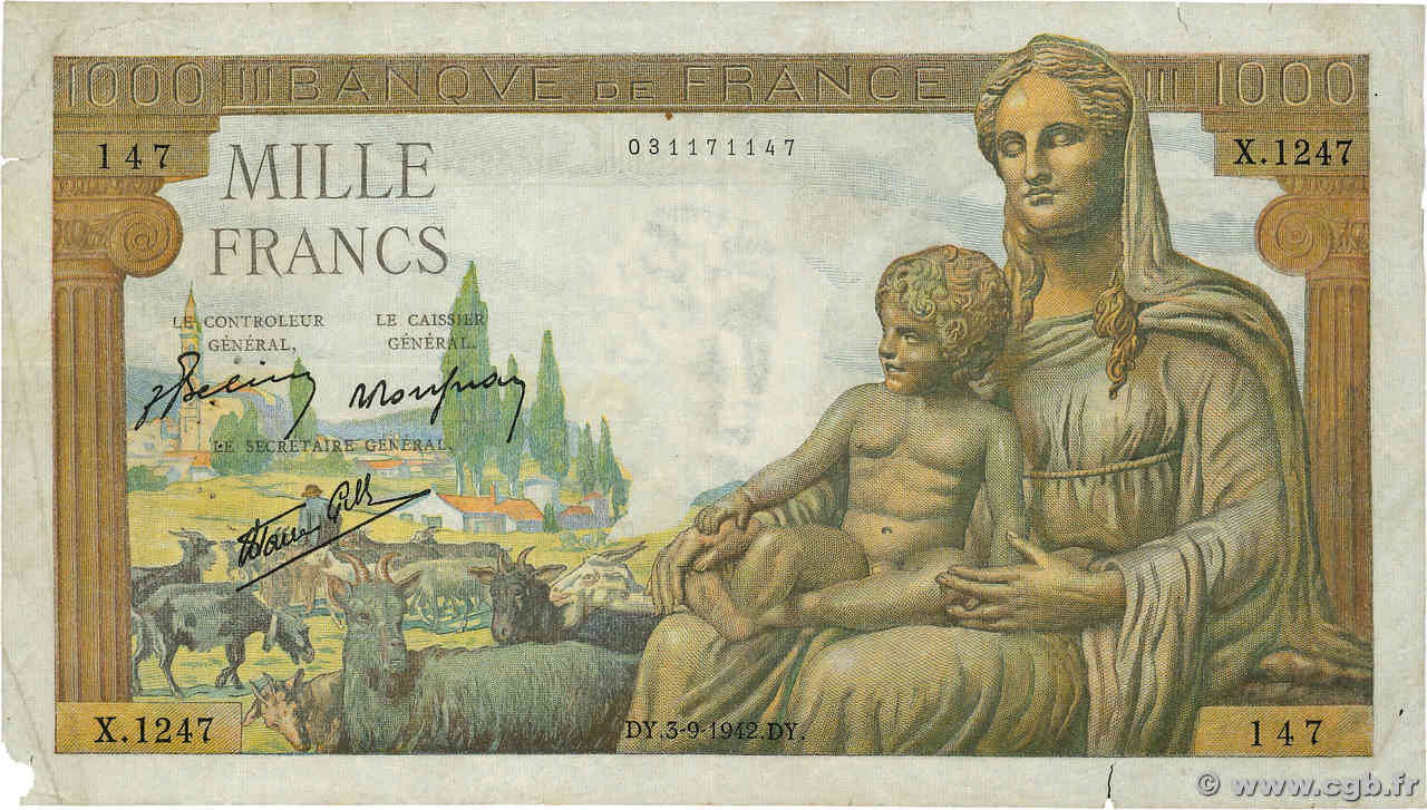 1000 Francs DÉESSE DÉMÉTER FRANKREICH  1942 F.40.06 S