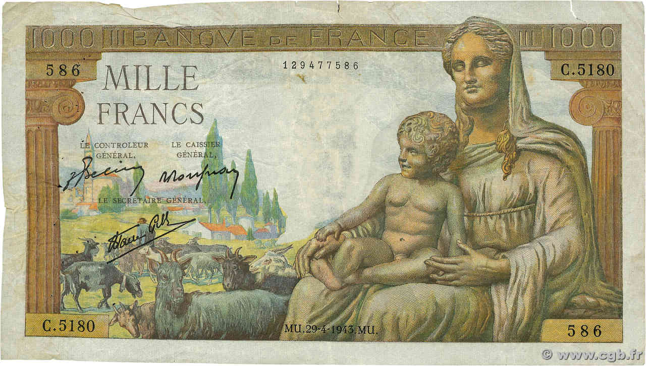 1000 Francs DÉESSE DÉMÉTER FRANCIA  1943 F.40.22 BC