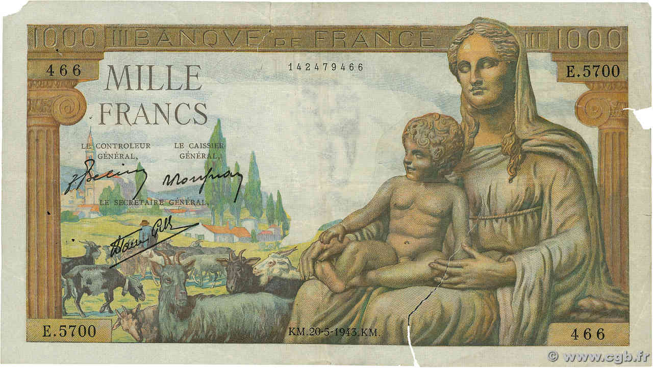 1000 Francs DÉESSE DÉMÉTER FRANKREICH  1943 F.40.24 S