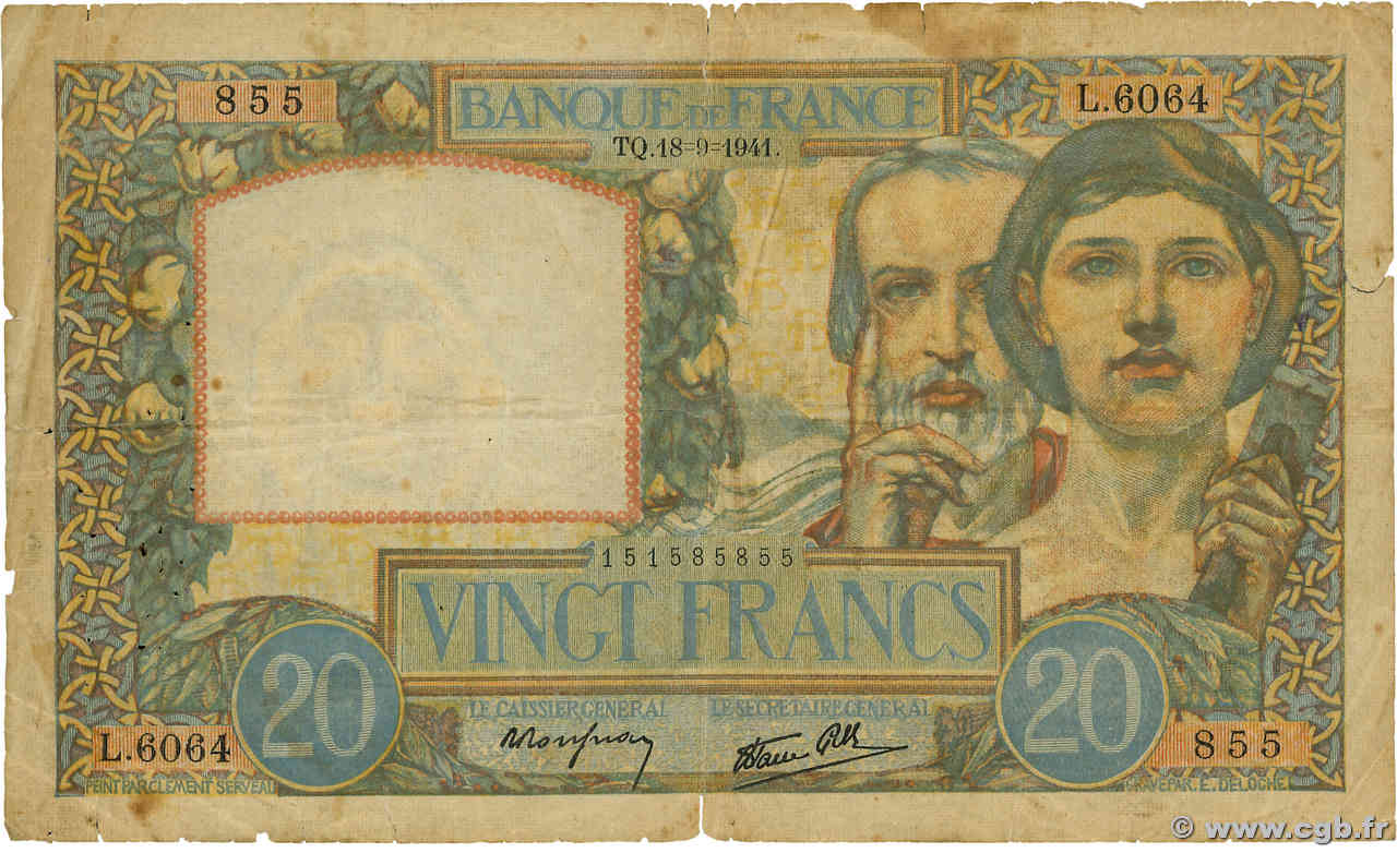 20 Francs TRAVAIL ET SCIENCE FRANCE  1941 F.12.18 F-