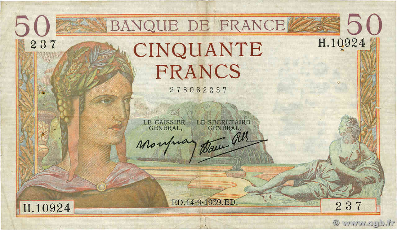 50 Francs CÉRÈS modifié FRANKREICH  1939 F.18.30 S