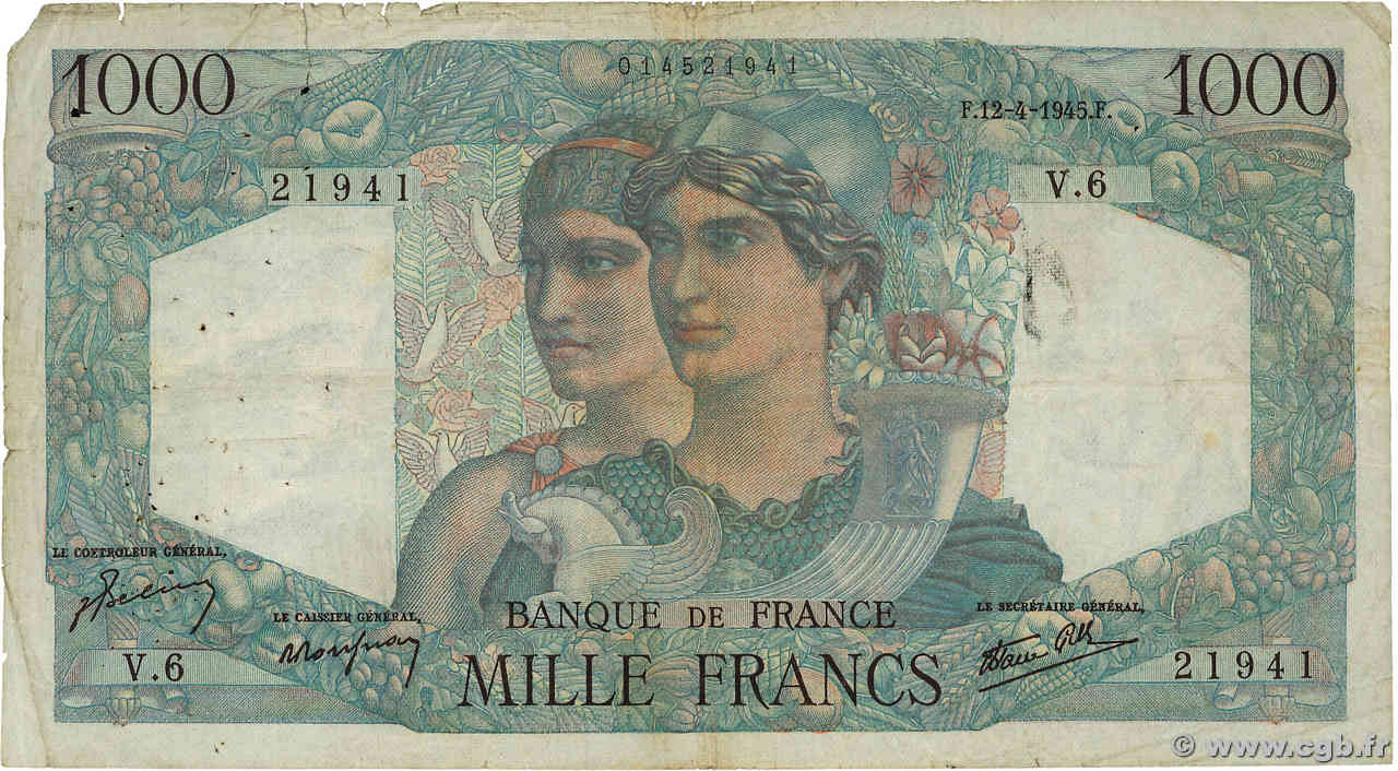 1000 Francs MINERVE ET HERCULE FRANKREICH  1945 F.41.01 fS