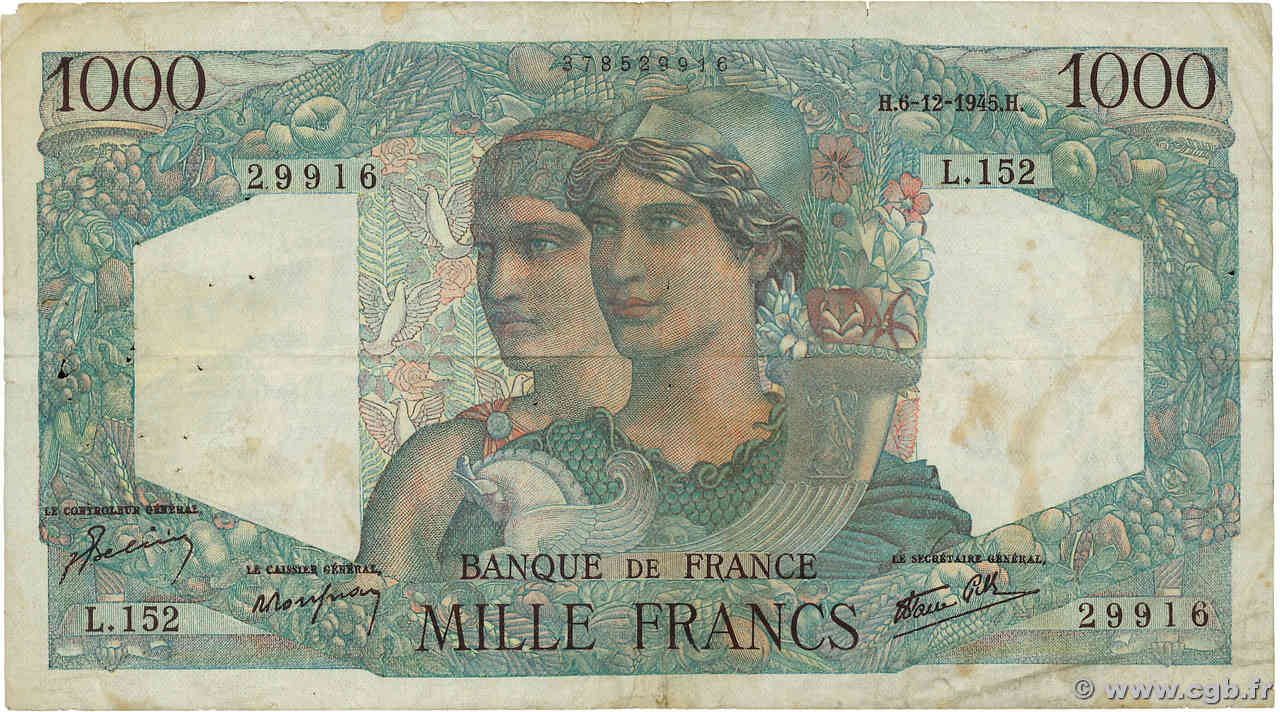 1000 Francs MINERVE ET HERCULE FRANCE  1945 F.41.09 F