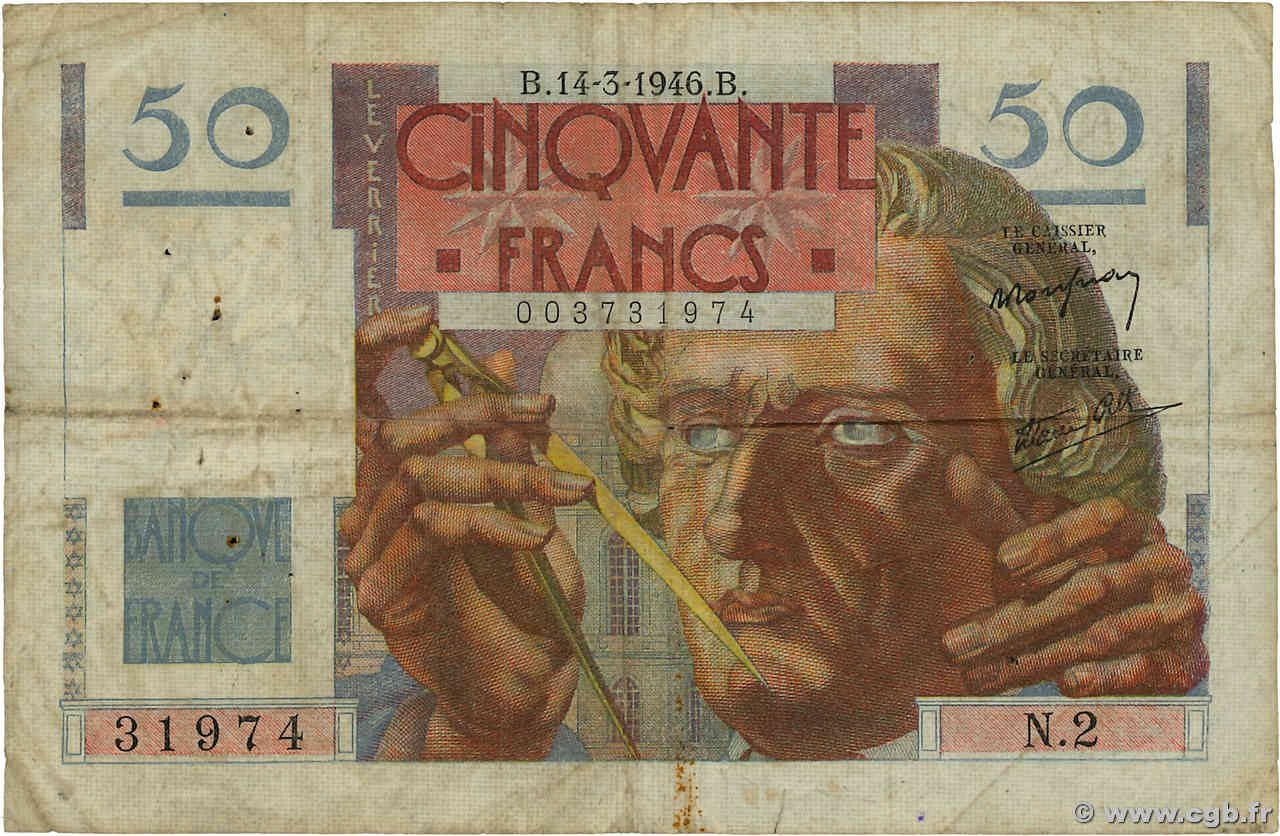 50 Francs LE VERRIER FRANCIA  1946 F.20.01 RC+