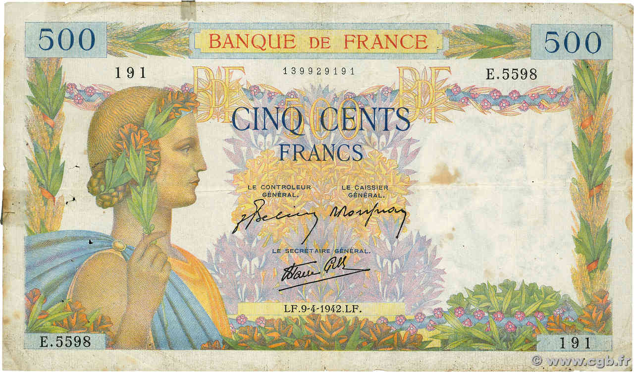 500 Francs LA PAIX FRANCE  1942 F.32.34 F