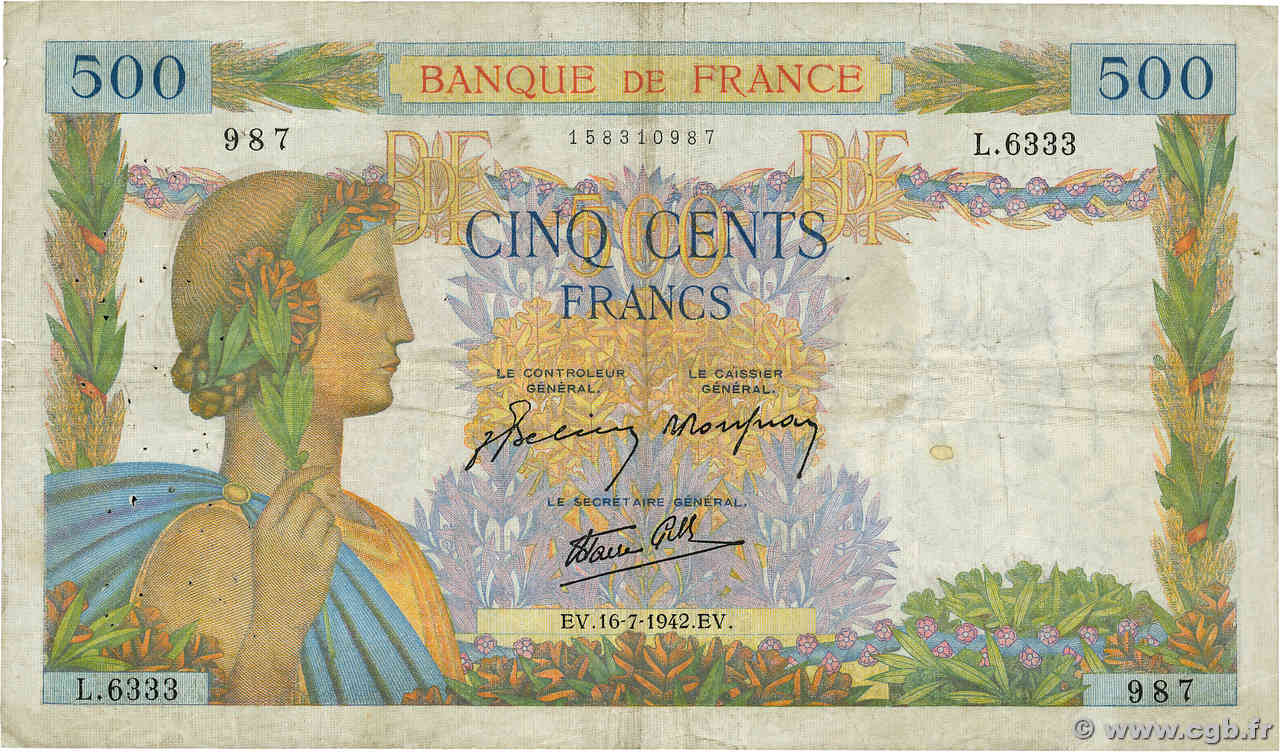 500 Francs LA PAIX FRANCE  1942 F.32.37 F