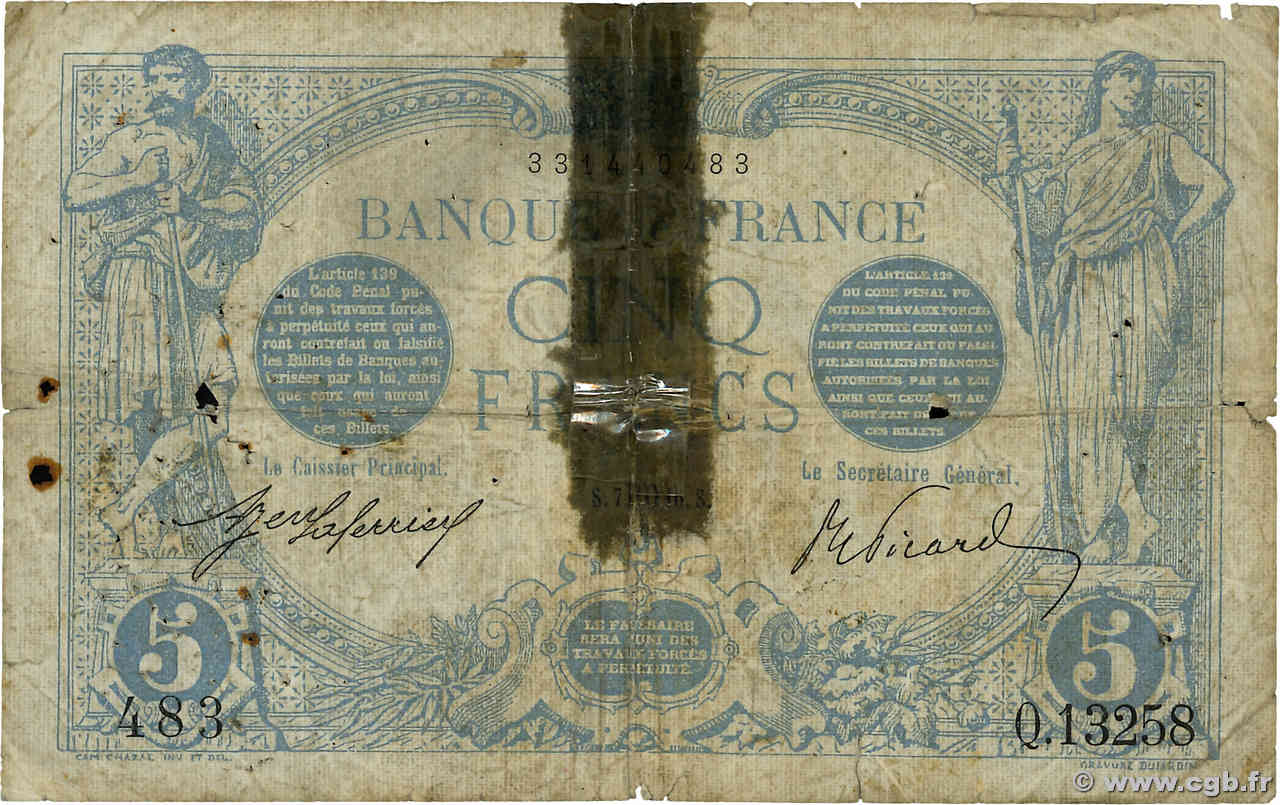 5 Francs BLEU FRANKREICH  1916 F.02.42 GE