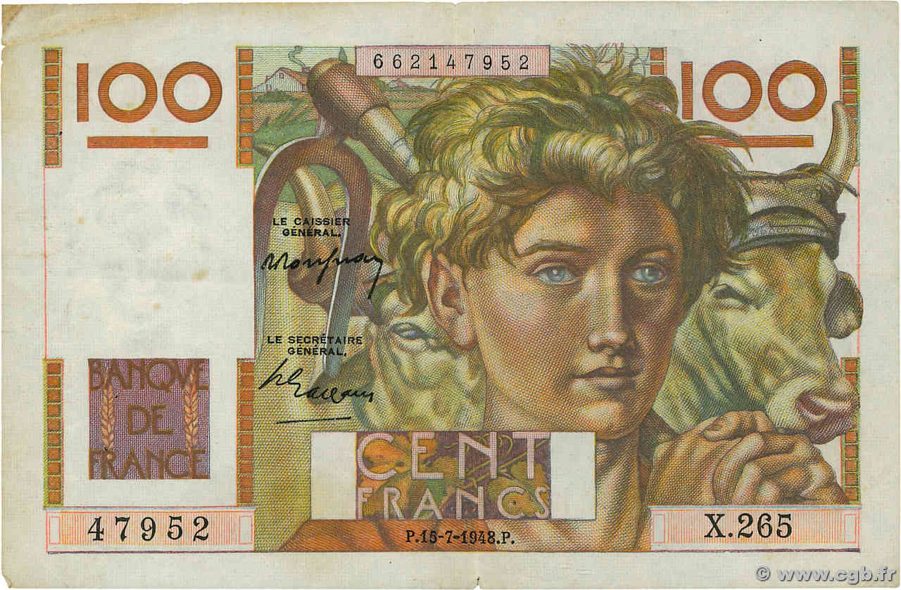 100 Francs JEUNE PAYSAN FRANCE  1948 F.28.19 TTB