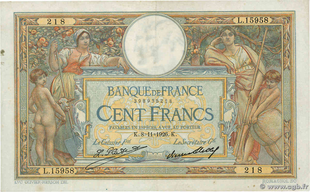 100 Francs LUC OLIVIER MERSON grands cartouches FRANCE  1926 F.24.05 F+