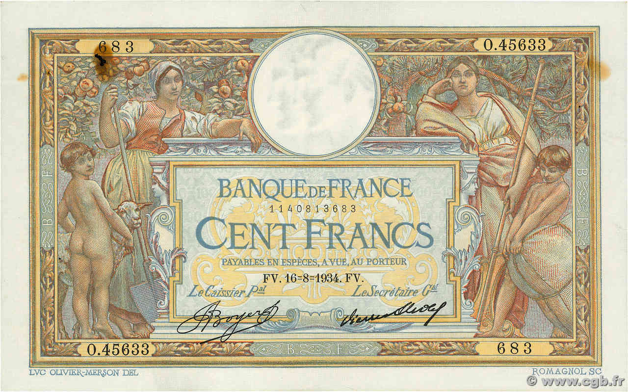 100 Francs LUC OLIVIER MERSON grands cartouches FRANCE  1934 F.24.13 XF-