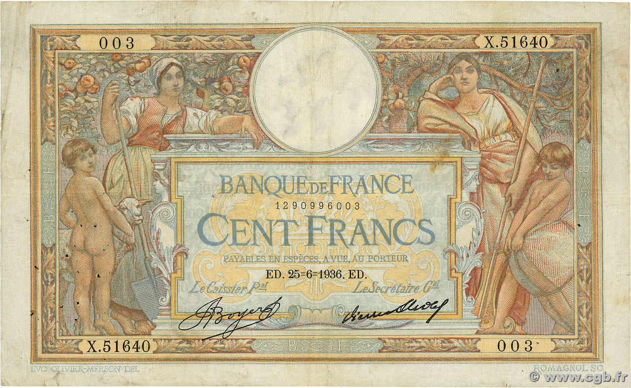 100 Francs LUC OLIVIER MERSON grands cartouches FRANCE  1936 F.24.15 F+