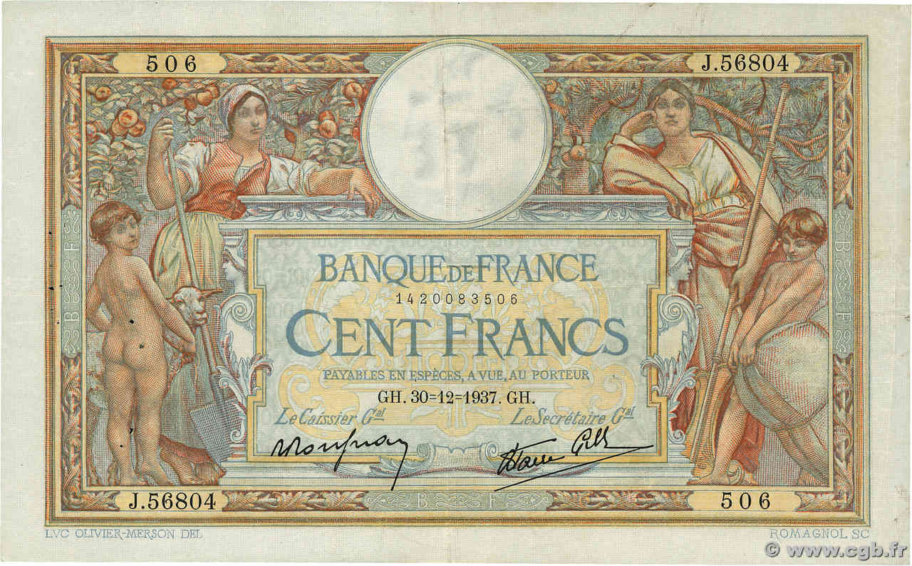 100 Francs LUC OLIVIER MERSON type modifié FRANCIA  1937 F.25.07 BC+