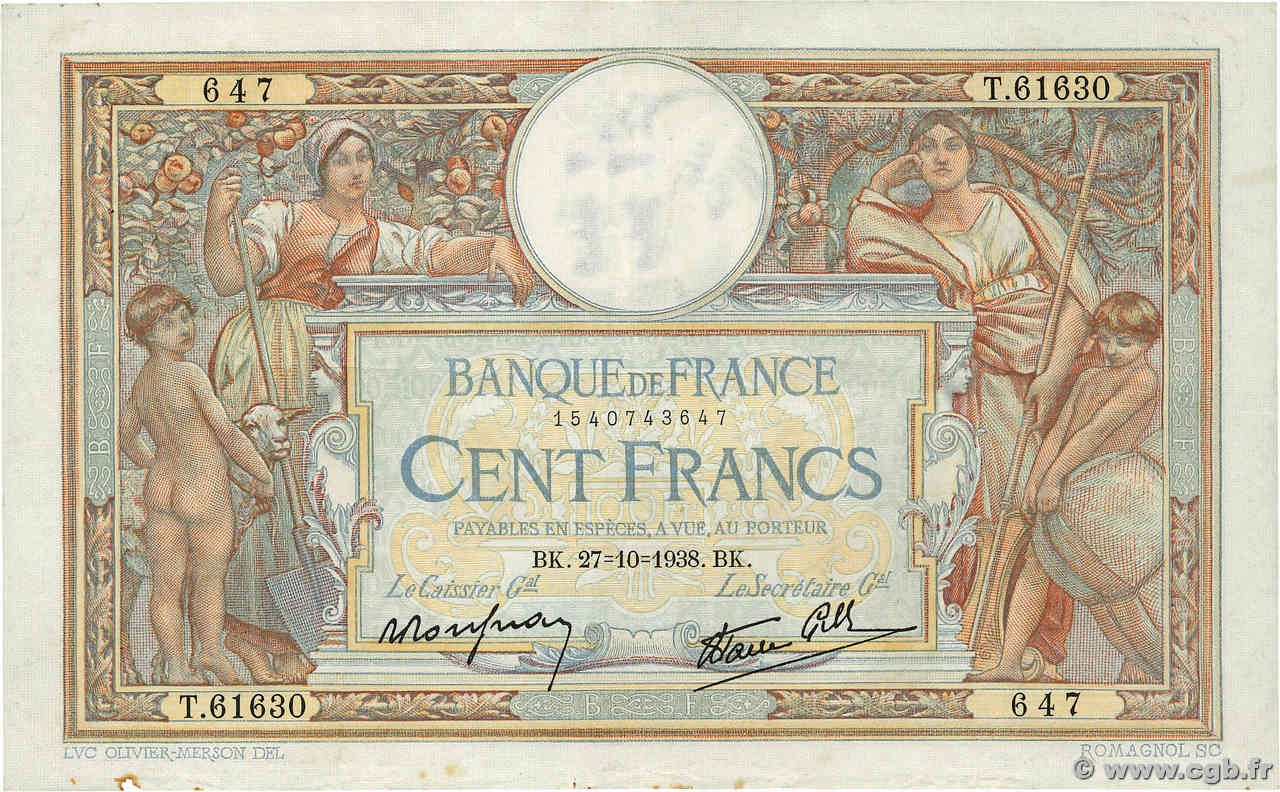 100 Francs LUC OLIVIER MERSON type modifié FRANKREICH  1938 F.25.33 fSS