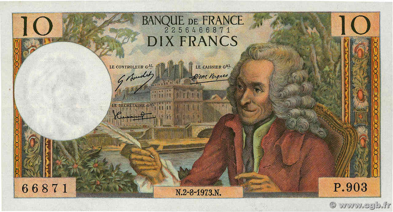 10 Francs VOLTAIRE FRANCE  1973 F.62.63 VF