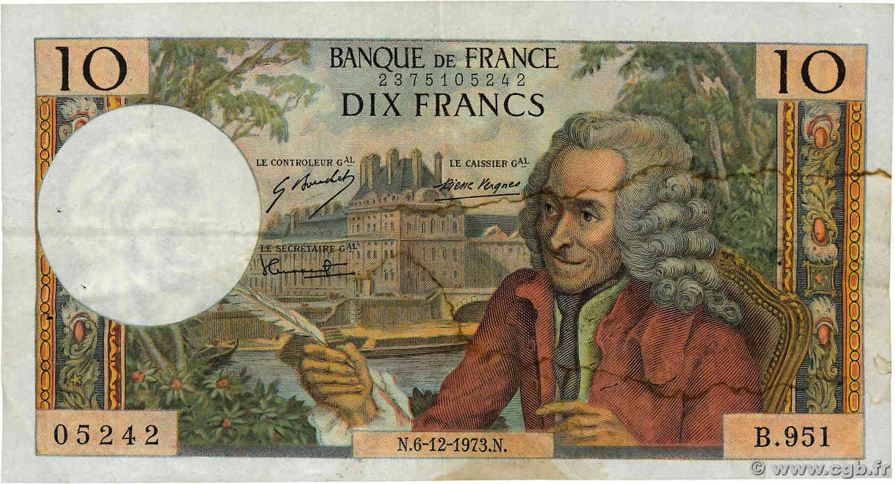 10 Francs VOLTAIRE FRANCE  1973 F.62.65 pr.TTB