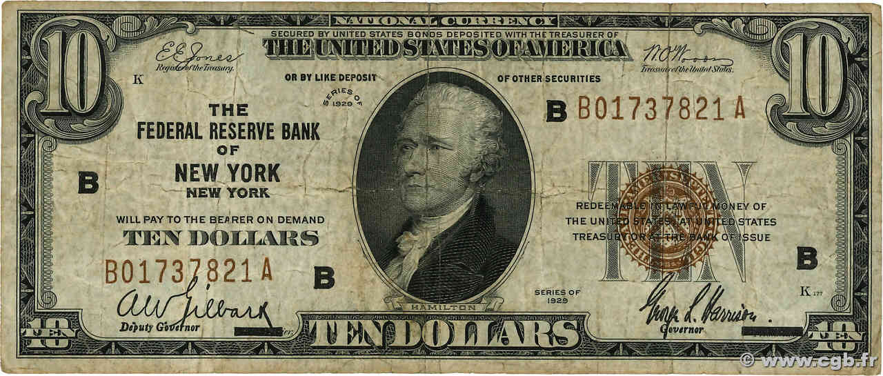 10 Dollars ÉTATS-UNIS D AMÉRIQUE New York 1929 P.396 TB