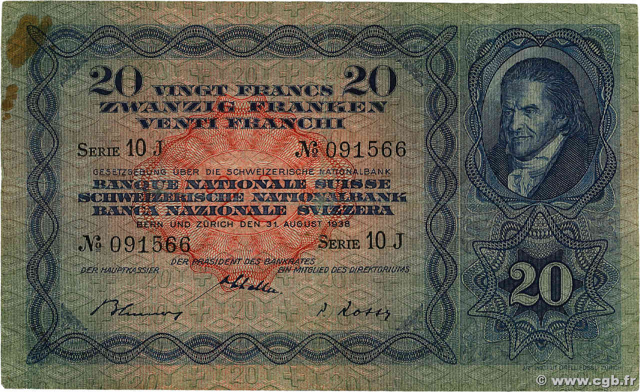 20 Francs SUISSE  1938 P.39h TB