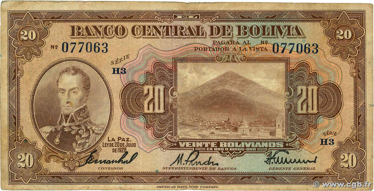 20 Bolivianos BOLIVIA  1928 P.122a F