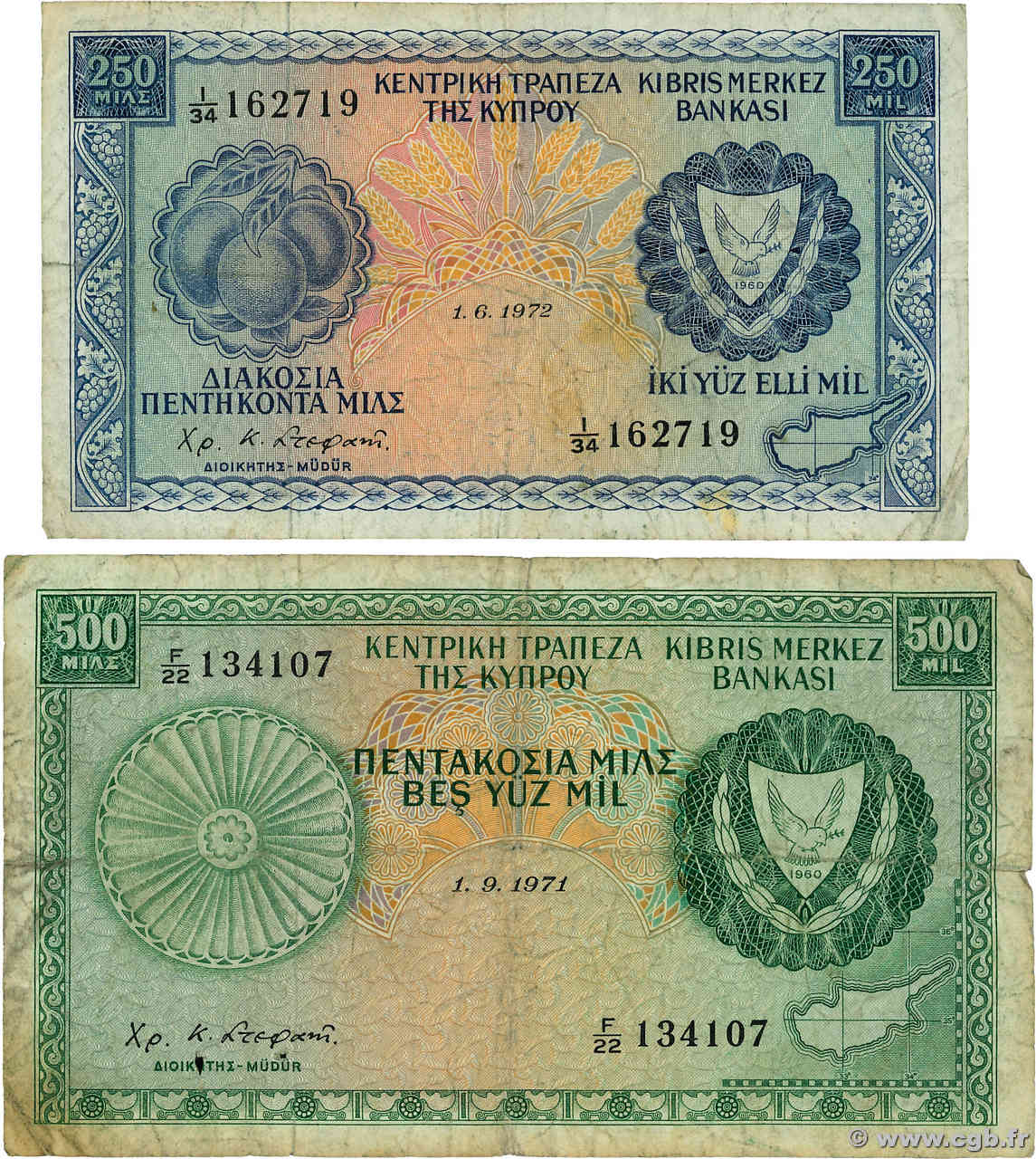 250 et 500 Mils Lot CYPRUS  1971 P.41b et P.42a VG