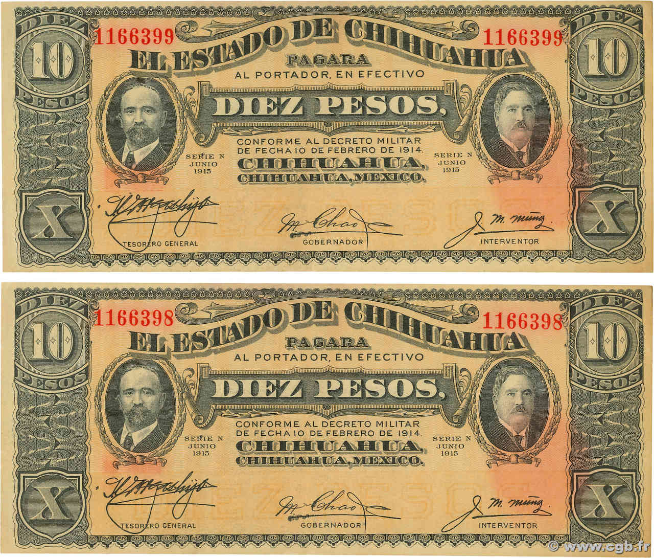 10 Pesos Consécutifs MEXICO  1915 PS.0535a XF