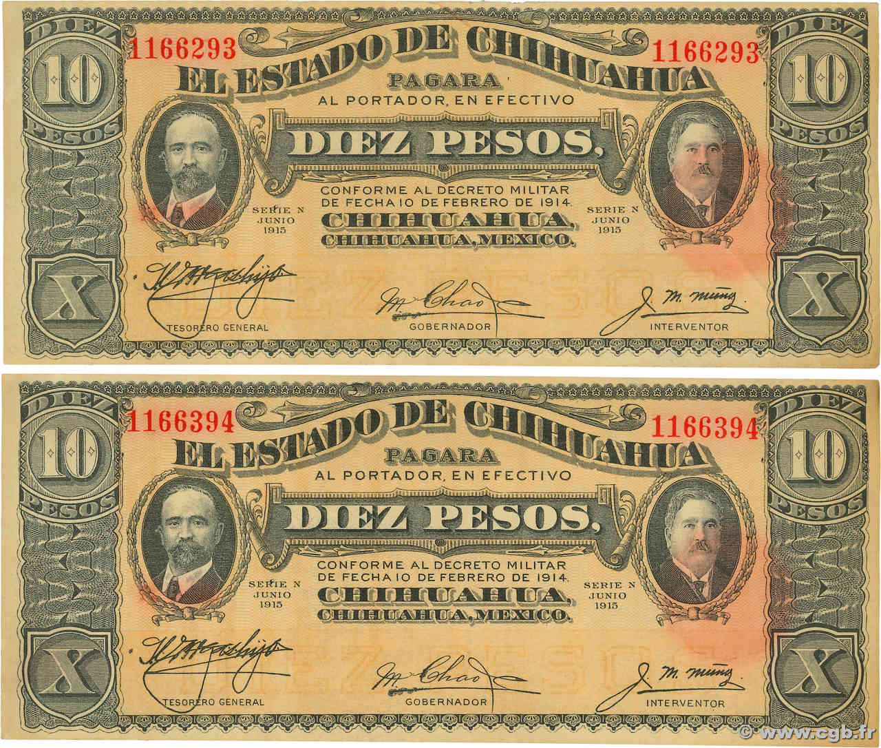 10 Pesos Lot MEXIQUE  1915 PS.0535a TTB à SUP