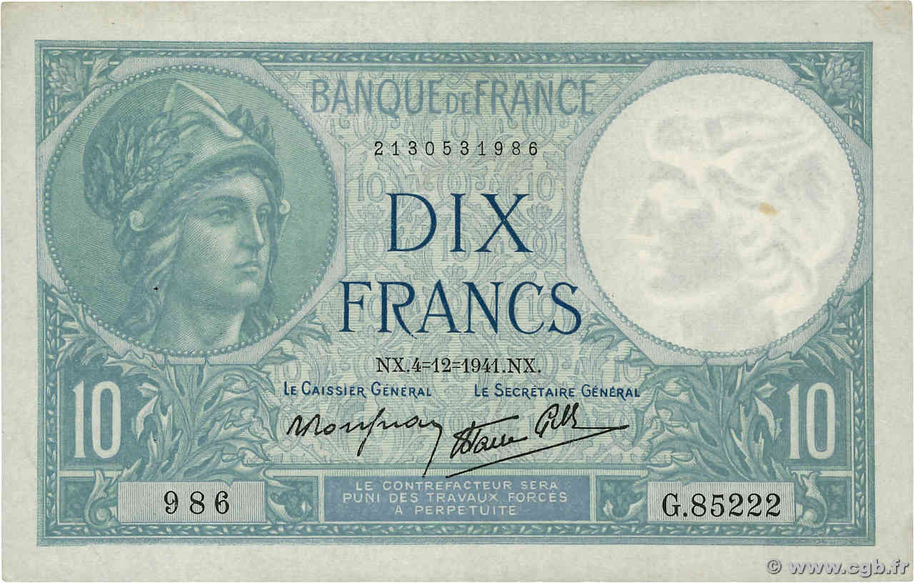 10 Francs MINERVE modifié FRANCE  1941 F.07.30 TTB