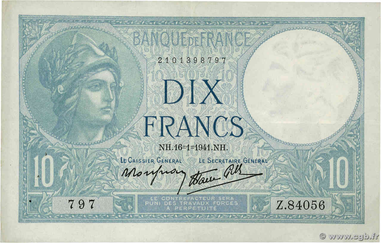 10 Francs MINERVE modifié FRANCE  1941 F.07.28 VF+