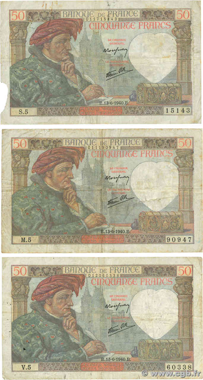 50 Francs JACQUES CŒUR Lot FRANCIA  1940 F.19.01 q.MB