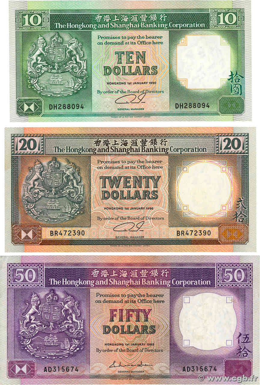 10, 20 et 50 Dollars Lot HONG KONG  1985 P.191c, P.193a et P.197a VF