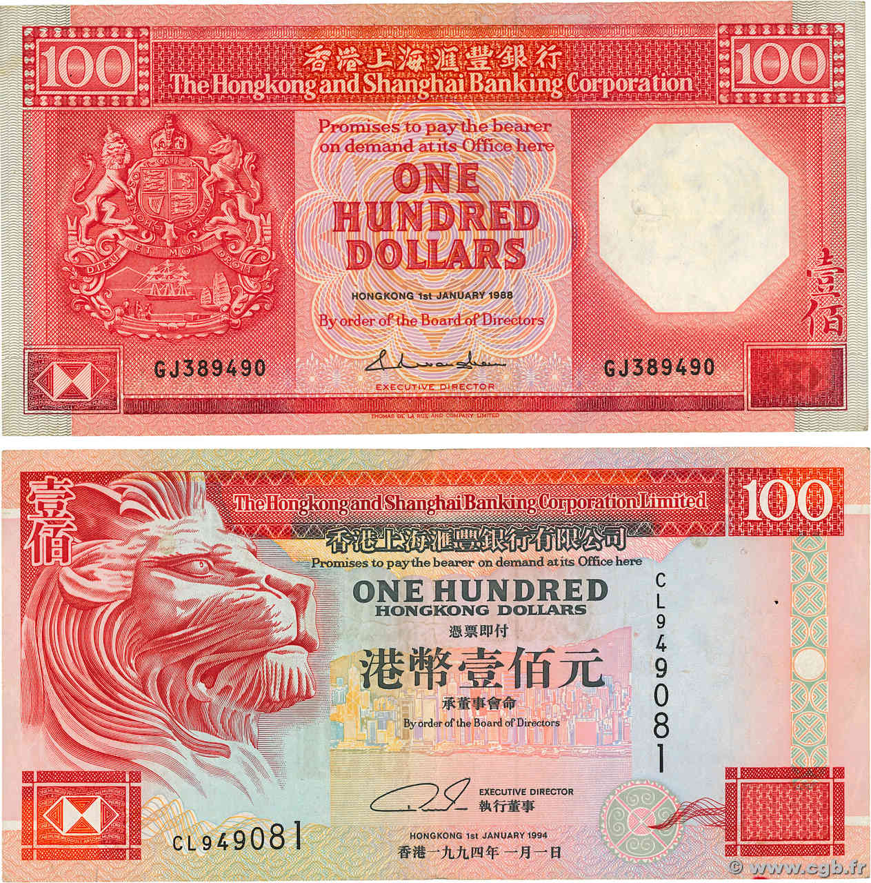 100 Dollars Lot HONG KONG  1988 P.194b et P.203a VF-