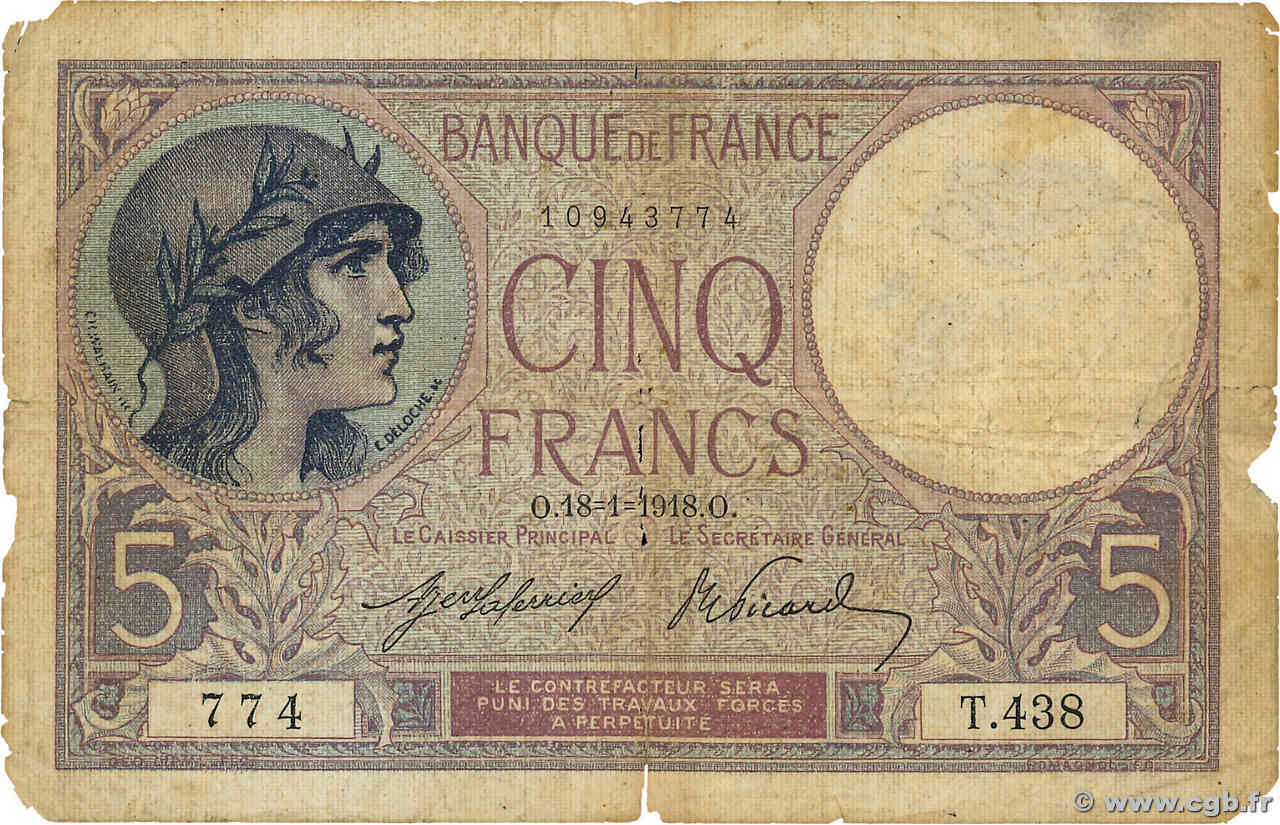 5 Francs FEMME CASQUÉE FRANCIA  1918 F.03.02 MC