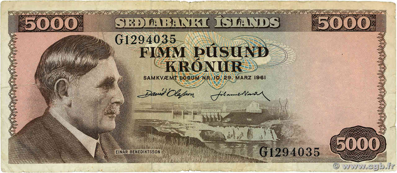 5000 Kronur ICELAND  1961 P.47 VG