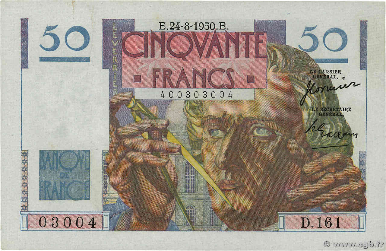 50 Francs LE VERRIER FRANCIA  1950 F.20.16 q.FDC