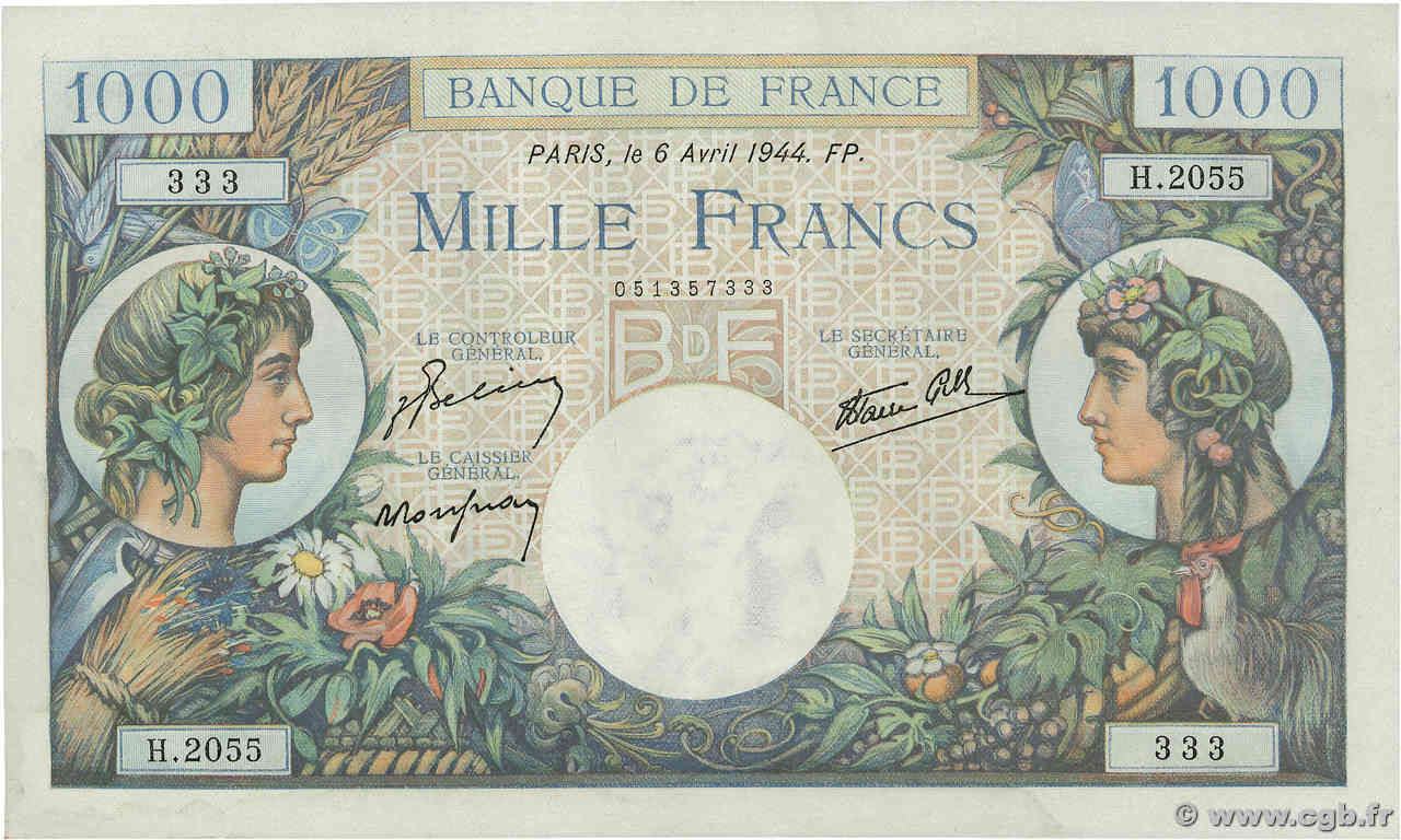 1000 Francs COMMERCE ET INDUSTRIE Numéro spécial FRANCIA  1944 F.39.05 SC+